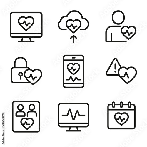 Remote Heart Monitoring Icons. Outline icon set of remote heart monitoring: telehealth monitor, cloud data sync, patient profile