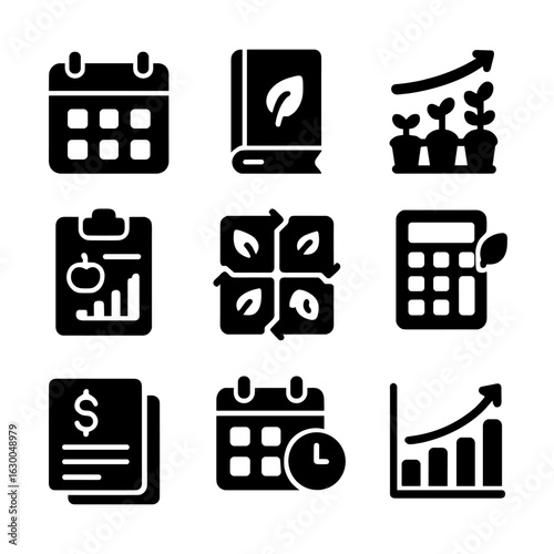 Greenhouse Planning Icons. Solid, filled icons set of greenhouse crop planning: planting calendar, seed