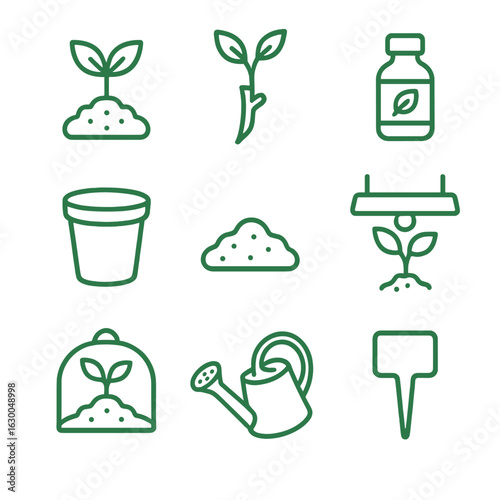 Greenhouse Propagation Icons. Outline icon set of propagation in greenhouses: seedling, cutting, rooting