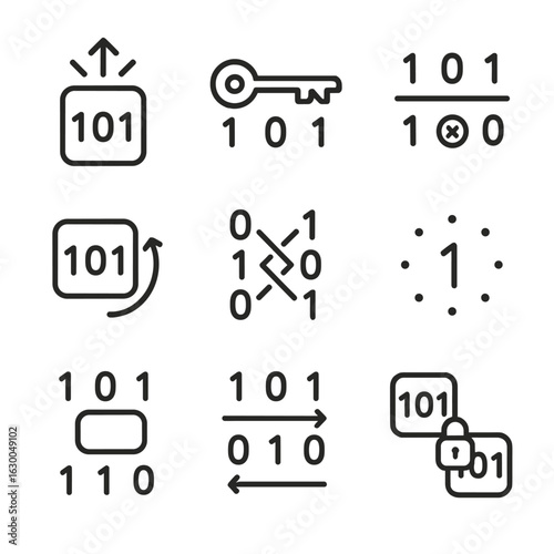 Cryptographic Icons Grid. Outline icon set of cryptographic bit operations: random bit generator, key bit fragment, bitwise XOR