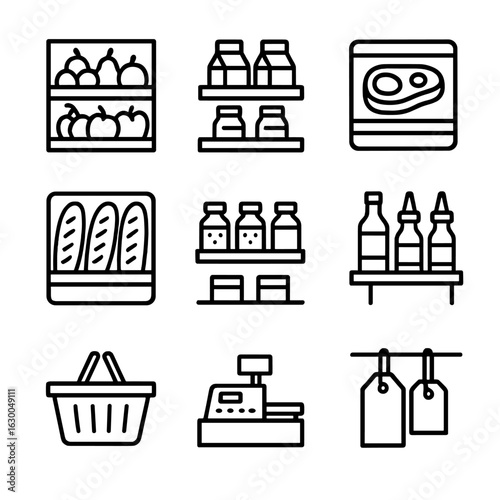 Grocery Icon Set. Outline icon set of grocery store shelves: fresh produce, dairy cartons, packaged meat,