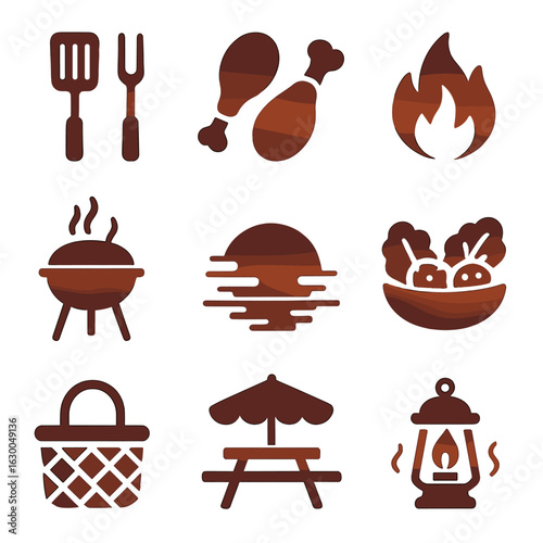 Grill Icon Set. Solid, filled icons set of cooking on the grill at sunset: grill tools, chicken drumsticks,