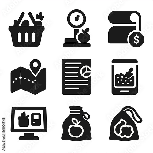 Grocery Shopping Icons. Solid, filled icons set of grocery shopping habits: full basket, produce scale, unit