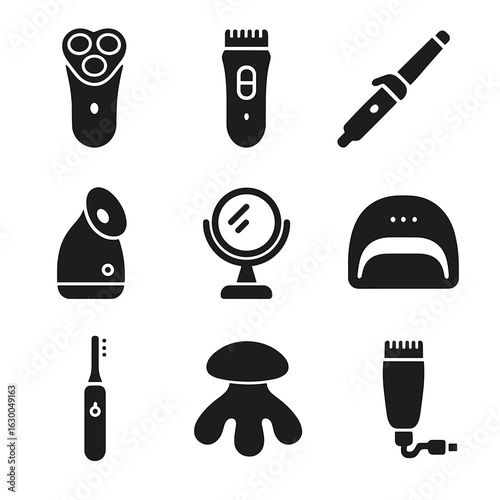 Grooming Devices Icons. Solid, filled icons set of personal grooming devices: electric shaver, hair clipper,
