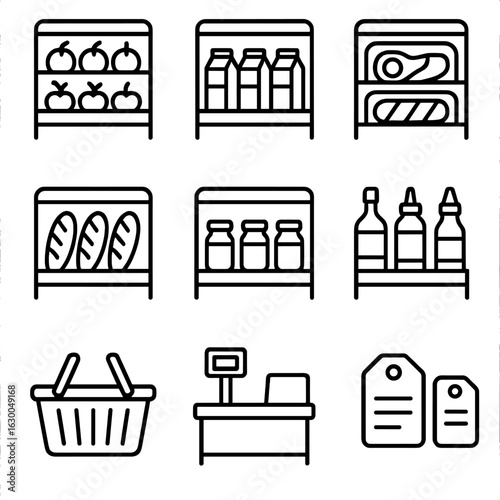 Grocery Icon Set. Outline icon set of grocery store shelves: fresh produce, dairy cartons, packaged meat,