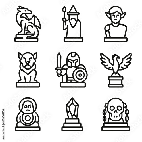 Fantasy Statue Icons. Outline icon set of fantasy statues: dragon statue, wizard figure, elf sculpture, mythical beast, fantasy