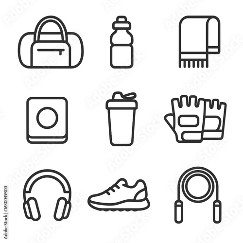 Gym Accessories Icons. Outline icon set of gym accessories: gym bag, water bottle, towel, wristband, protein