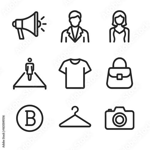 Fashion Icon Set. Outline icon set of buzz in fashion: trends, designer, model, runway, clothing, accessory, brand, style,