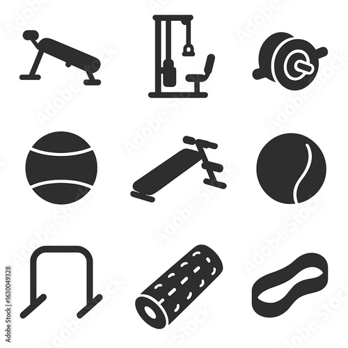 Gym Equipment Icons. Solid, filled icons set of gym core equipment: sit-up bench, cable crunch machine, ab
