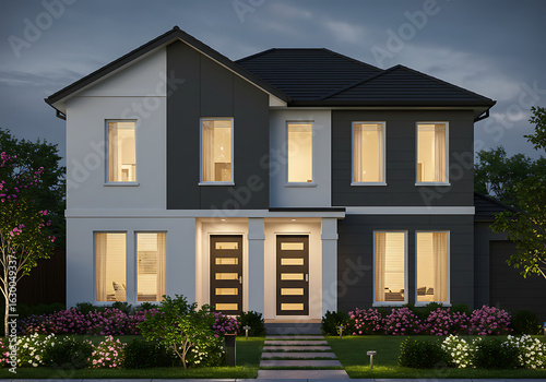 Exterior view of a modern duplex at twilight