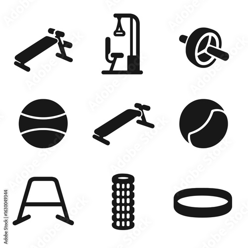 Gym Equipment Icons. Solid, filled icons set of gym core equipment: sit-up bench, cable crunch machine, ab