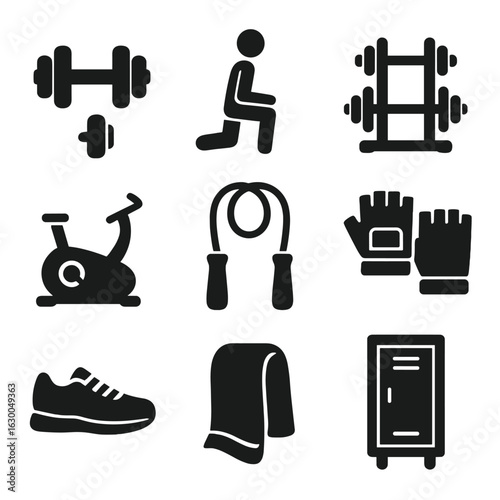 Gym Icon Grid. Solid, filled icons set of gym exercise routine: dumbbells, lunges, weight rack, exercise bike,