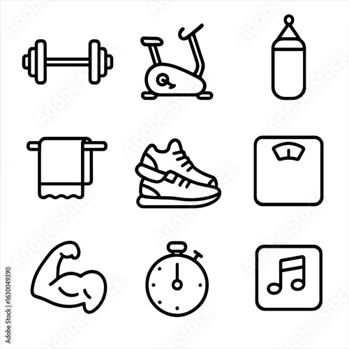 Gym Routine Icon Set. Outline icon set of gym routines: barbell, exercise bike, punching bag, sweat towel, gym