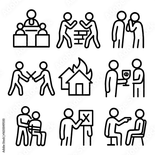 Revenge Icon Set. Outline icon set of revenge scenarios: courtroom, alley fight, secret meeting, duel, fire outbreak, poisoning,
