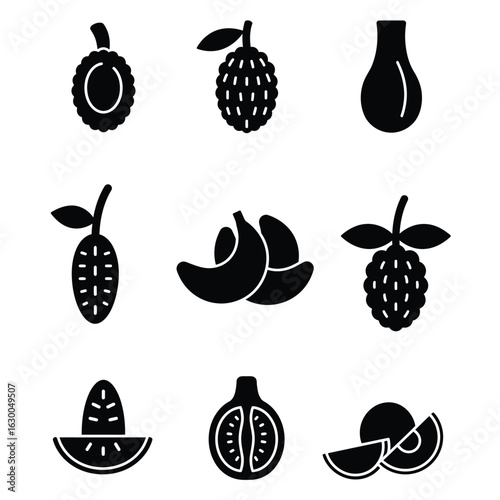 Collection of tropical fruit icons featuring durian, custard apple, wax jambu, banana, salak, fig and plum isolated on white background