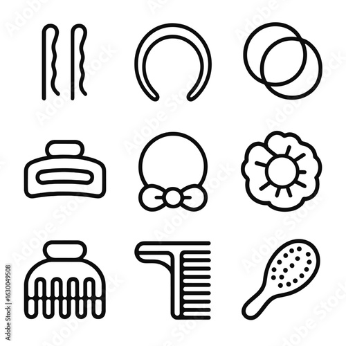 Hair Accessories Icons. Outline icon set of hair styling accessories: hairpins, headbands, elastics, barrettes