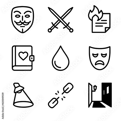 Revenge Symbol Icons. Outline icon set of revenge in literature and film: villain mask, duel swords, burning letter, secret diary,