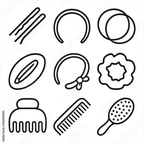Hair Accessories Icons. Outline icon set of hair styling accessories: hairpins, headbands, elastics, barrettes