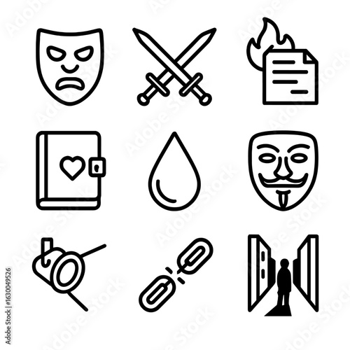 Revenge Symbol Icons. Outline icon set of revenge in literature and film: villain mask, duel swords, burning letter, secret diary,