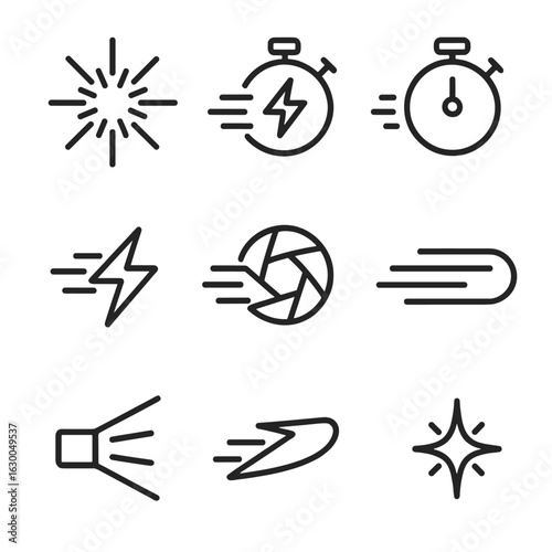 Fast Flash Icons. Outline icon set of fast flashes and light speed: speed burst, flash timer, stopwatch, lightning speed, fast