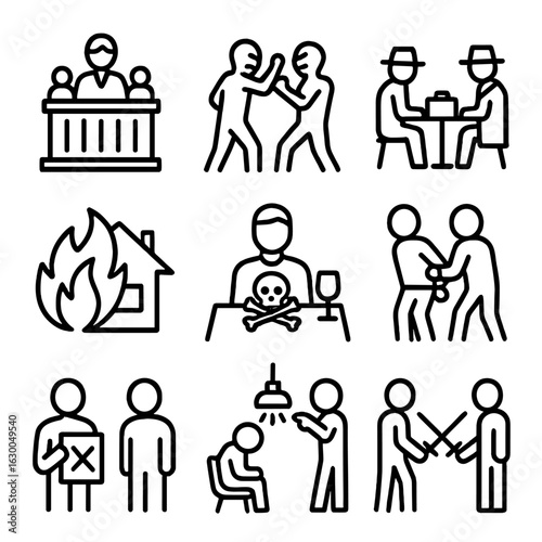 Revenge Icon Set. Outline icon set of revenge scenarios: courtroom, alley fight, secret meeting, duel, fire outbreak, poisoning,