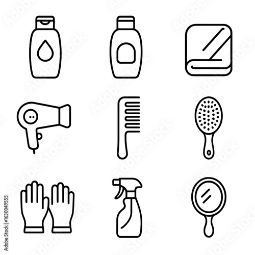 Hair Care Icons. Outline icon set of hair washing and drying: shampoo, conditioner, towel, hairdryer, comb,
