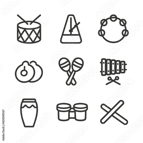 Rhythm Instruments Icons. Outline icon set of rhythm instruments: drum, metronome, tambourine, cymbals, maracas, xylophone, conga,