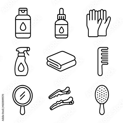 Hair Care Icons. Outline icon set of hair moisturizing routine: leave-in conditioner, hair serum, gloves,
