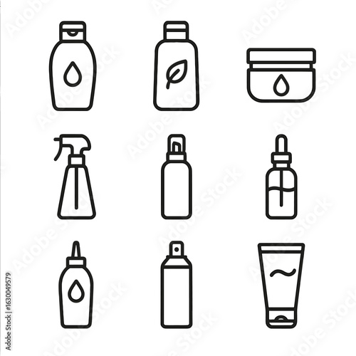 Hair Care Icons. Outline icon set of hair care products: shampoo, conditioner, hair mask, leave-in spray,