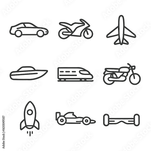 Fast Vehicles Icons. Outline icon set of fast vehicles: sports car, race bike, jet plane, speedboat, bullet train, motorcycle,