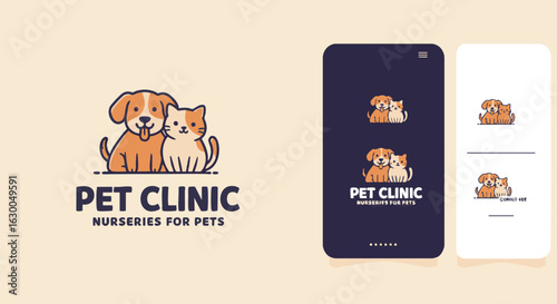 Friendly dog and cat logo design for a pet clinic, showcasing mobile app variations.