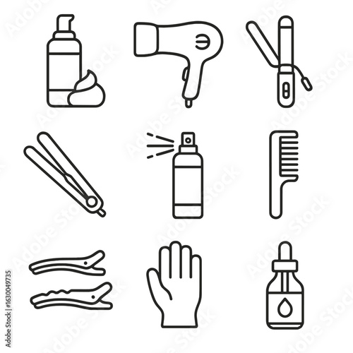 Hair Styling Tools. Outline icon set of hair styling routine: mousse, hairdryer, curling iron, flat iron,