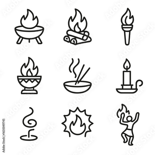 Ritual Fire Icons. Outline icon set of ritual fire elements: fire pit, firewood stack, flame torch, ceremonial brazier, burning