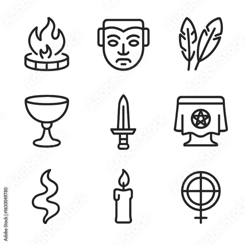 Ritual Vows Icon Set. Outline icon set of ritual vows: fire pit, ceremonial mask, feathers, chalice, ritual dagger, altar cloth,