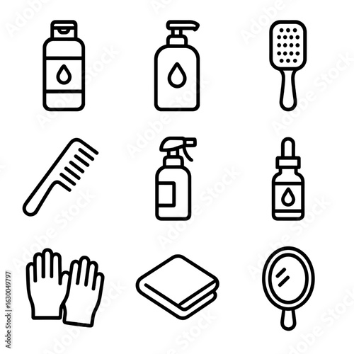 Haircare Icon Set. Outline icon set of hair product application process: shampoo bottle, conditioner bottle,