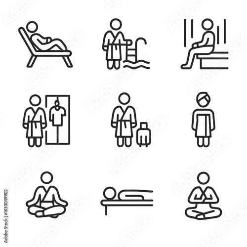 Robe Icons Collection. Outline icon set of robe uses: lounging, swimming pool, sauna, gym changing room, hotel stay, after shower,