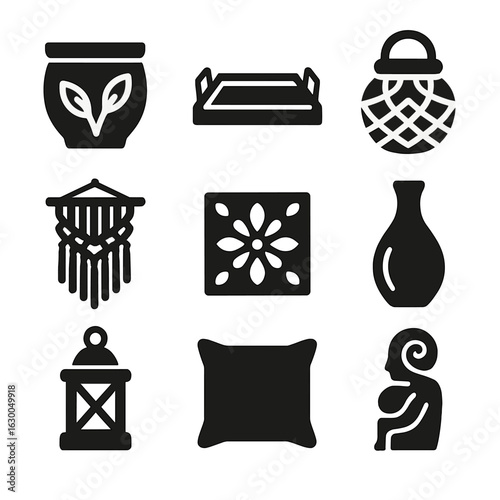 Handmade Decorative Icons. Solid, filled icons set of Handmade decorative objects: ceramic planter, wooden