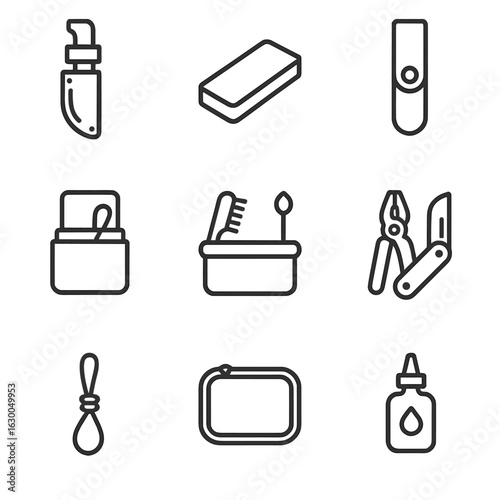 Field Knife Accessories Icons. Outline icon set of field knife accessories: sheath, sharpening stone, belt loop, cleaning kit,