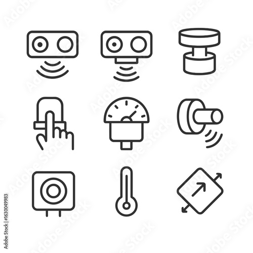 Robotic Sensor Icons. Outline icon set of robotic sensors: infrared sensor, ultrasonic sensor, LIDAR, touch sensor, pressure