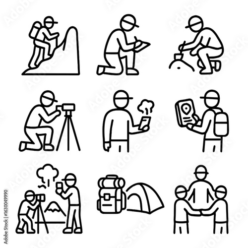 Fieldwork Icon Set. Outline icon set of fieldwork scenes: climbing mountain, taking notes, collecting samples, setting up