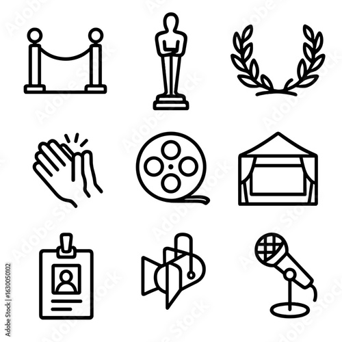 Film Festival Icons. Outline icon set of film festivals and awards: red carpet, trophy statue, laurel wreath, audience clap, film