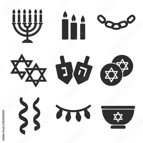 Hanukkah Icons Grid. Solid, filled icons set of Hanukkah festive decorations: menorah, candles, paper chains,