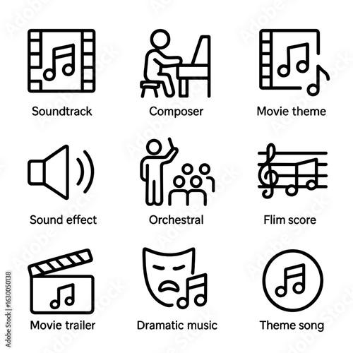 Film Music Icons. Outline icon set of melody in film: soundtrack, composer, movie theme, sound effect, orchestral music, film