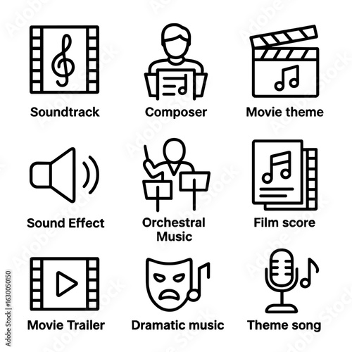 Film Music Icons. Outline icon set of melody in film: soundtrack, composer, movie theme, sound effect, orchestral music, film