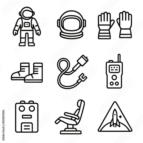 Roscosmos Cosmonaut Icons. Outline icon set of Roscosmos cosmonauts: space suit, helmet, gloves, boots, spacewalk tools,
