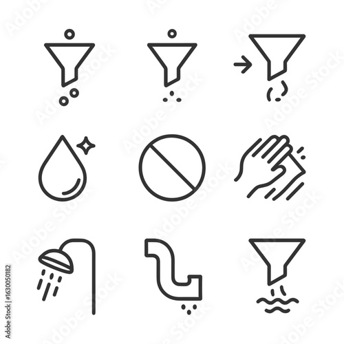 Filter Icon Set. Outline icon set of filter actions: filtering, trapping, separating, purifying, blocking, cleaning, rinsing,