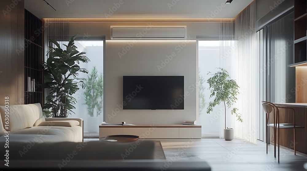 Fototapeta premium Modern Living Room Interior with Television and Plants