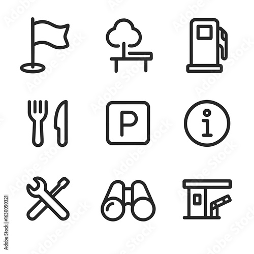 Route Milestone Icons. Outline icon set of route milestones and checkpoints: checkpoint flag, rest stop, gas station, food stop,
