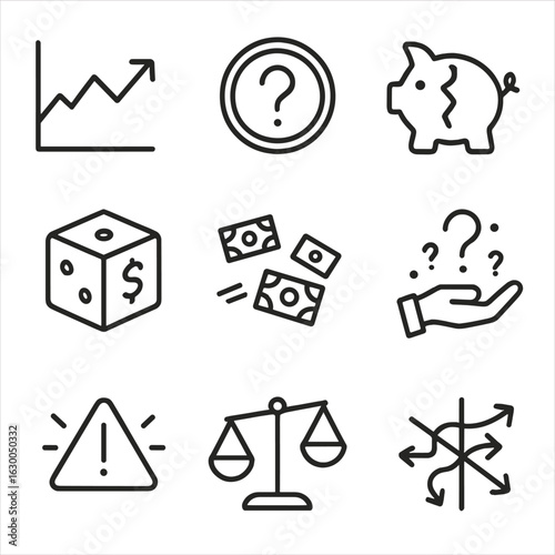 Finance and Randomness Icons. Outline icon set of uncertainty in finance: fluctuating graph, question mark coin, broken piggy bank