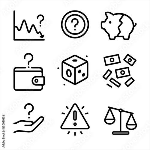 Finance and Randomness Icons. Outline icon set of uncertainty in finance: fluctuating graph, question mark coin, broken piggy bank